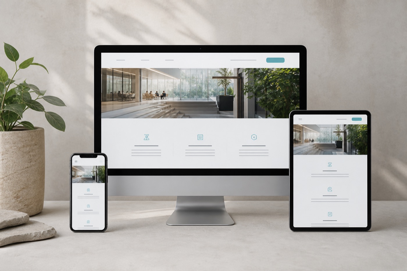 Responsive Website-Vorschau auf Monitor, Tablet und Smartphone